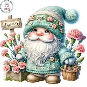 Conjunto de clipart aquarela de mês de aniversário de flor de gnomo, PNG de gnomo floral, gnomos de aniversário, clipart de flor mensal, fundo transparente