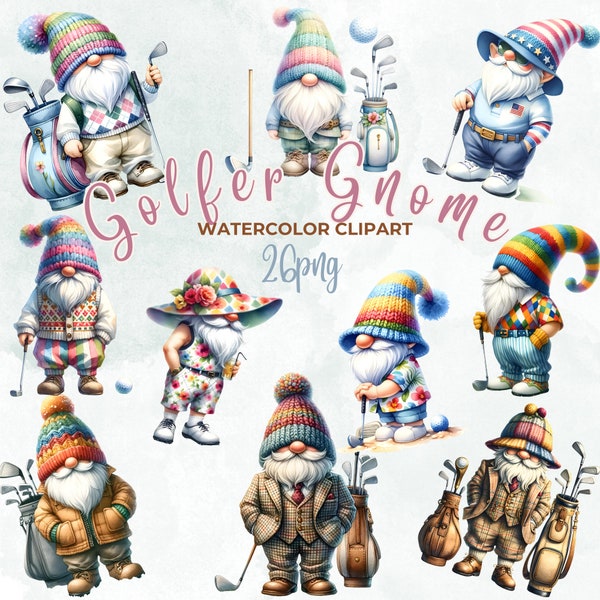 Watercolor Golfer Gnome Clipart bundle | 26 High-Quality PNGs | Gnome play Golf clipart, Golfer Gnome png graphics, Golfer Gnome sublimation