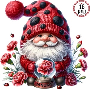 Ladybug Flower Birth Month Gnome Watercolor Clipart Set,Birth month flower Clipart,Birth month flower gnome,Ladybug Gnome,cute gnome clipart