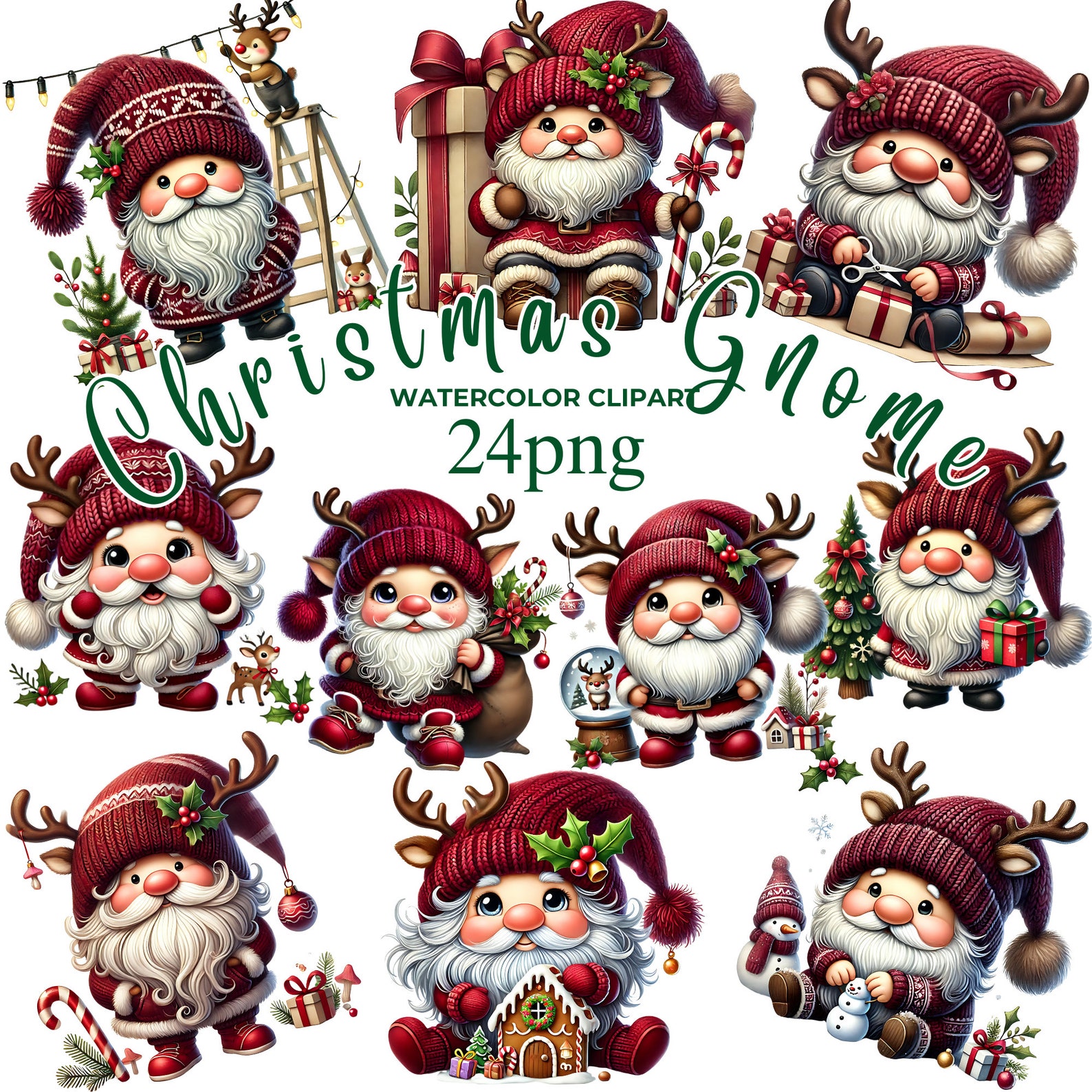 Christmas Gnome Watercolor Clipart Set 24 PNG Digital Download, Fantasy ...