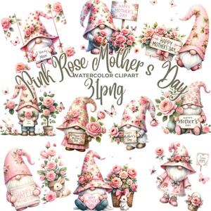 Watercolor Pink Rose Mother's Day Gnome Clipart (PNG) - Etsy