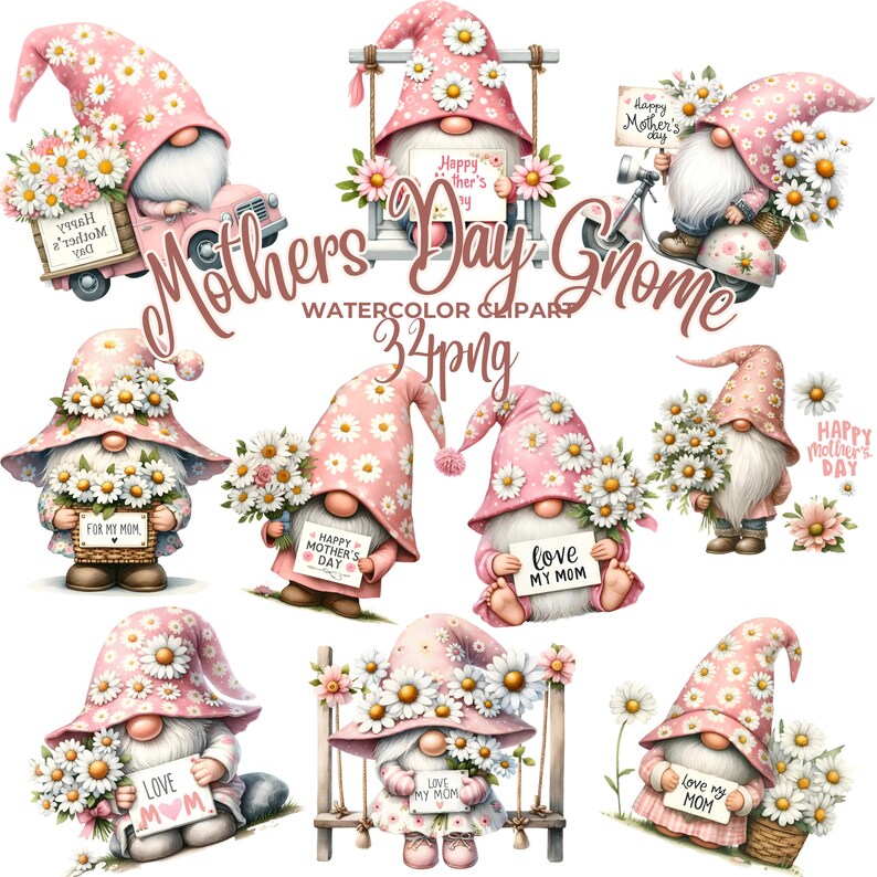 Mothers Day Watercolor Gnomes Digital Clipart Collection, High-quality ...