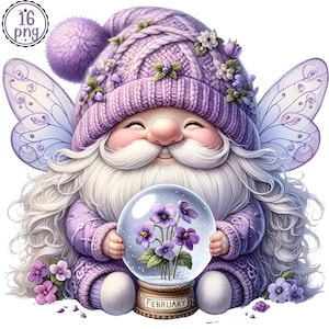 Conjunto de clipart aquarela de mês de aniversário de flor de gnomo, clipart de gnomo de ângulo de flor de mês de nascimento, PNG de gnomo floral, gnomos de aniversário, uso comercial