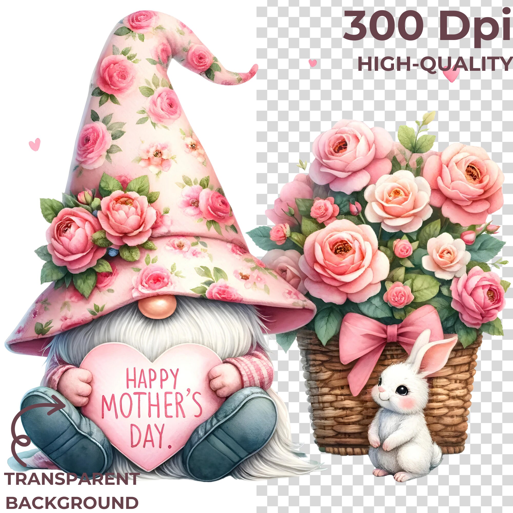 Watercolor Pink Rose Mother's Day Gnome Clipart (PNG) - Etsy