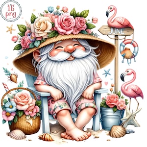Gnome Flower Birthday Month Watercolor Clipart Set, Flamingo & Gnome Flower Birthday Month, Summer Floral Gnome PNG, Birthday Gnomes