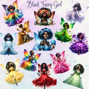 Mystical Black Fairy - Watercolor Digital Art, Black Fairy Girl Clipart, Black Fairy Melanin Clipart, Fairy clipart, Fantasy PNG,