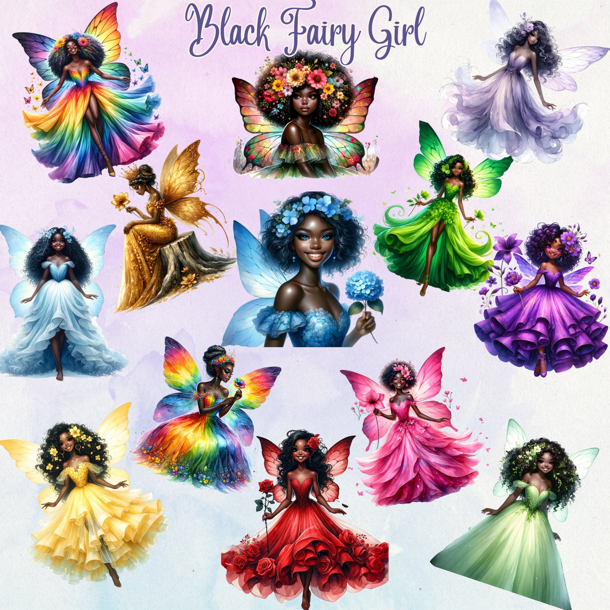 Mystical Black Fairy Watercolor Digital Art, Black Fairy Girl Clipart ...