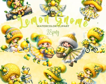 Watercolor Lemon Gnome Clipart, Lemon Gnome Clipart, Cute Gnome PNG, Lemon Clipart, Spring Clipart, Fruit Gnome Clipart, Garden Gnome PNG