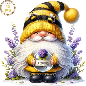 Biene Blumen Geburtsmonat Gnom Aquarell Clipart Set, Biene Gnome, Blumen Geburtstagsmonat Aquarell, Blumenzwerg PNG, Geburtstagszwerge