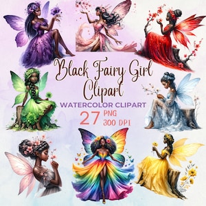 Mystical Black Fairy - Watercolor Digital Art, Black Fairy Girl Clipart, Black Fairy Melanin Cliparts,Fairy clipart,Fantasy PNG,