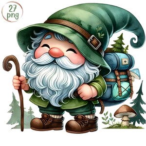 Paquete de imágenes prediseñadas de gnomo de camping de acuarela, gnomos de otoño, fogata, gnomo de senderismo, amantes de los gnomos, gnomo de vacaciones, imágenes prediseñadas al aire libre de fogata png