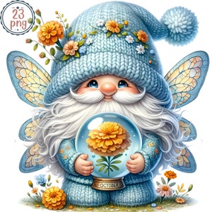 Gnome Flower Birthday Month Watercolor Clipart Set, Birth Month Flower Dragonfly Gnome Clipart, Floral Gnome PNG, Birthday Gnomes
