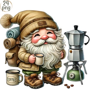 Paquete de imágenes prediseñadas de gnomo de camping de acuarela, gnomos de otoño, fogata, gnomo de senderismo, amantes de los gnomos, gnomo de vacaciones, imágenes prediseñadas al aire libre de fogata png