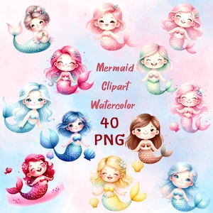 Mermaid Clipart Bundle | Watercolor cute mermaid Clipart png | Sea Life, Instant Download Images | Commercial use