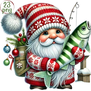 Imágenes prediseñadas de acuarela de gnomos pescadores navideños – 23 PNG (Descarga digital)