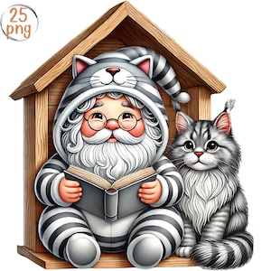 Gnom und Maine Coon Aquarell Clipart - 25 PNG Digital Download, Katzenliebhaber, Gnomliebhaber, hochwertige 300 DPI, 4000x4000px, kommerzielle Nutzung