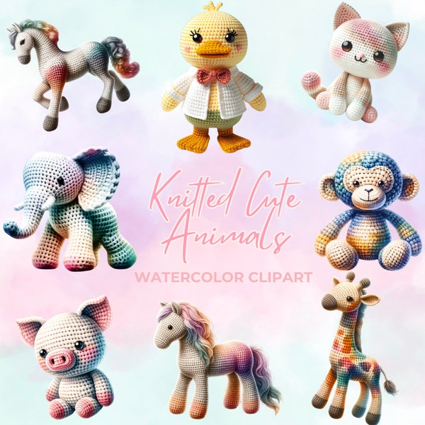 Adorable Handmade Crochet Animal Clipart Set Watercolor Knitted Creatures clipart, plush toys clipart, nursery decor, cute animals,