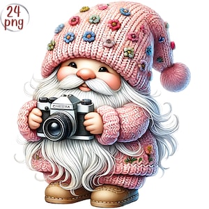 Ensemble de cliparts aquarelle photographe gnome - 24 PNG en téléchargement numérique, haute qualité 300 ppp, 4000 x 4000 px, usage commercial