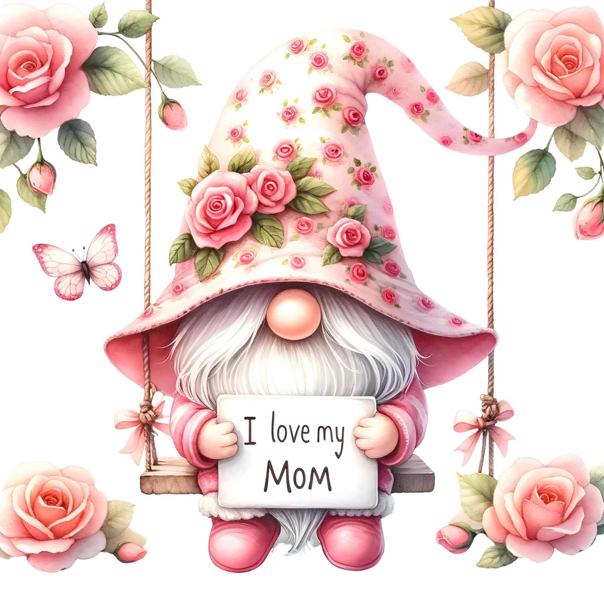 Watercolor Pink Rose Mother's Day Gnome Clipart (PNG) - Etsy