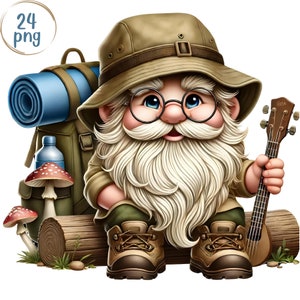 Paquete de imágenes prediseñadas de gnomo de camping de acuarela, gnomos de otoño, fogata, gnomo de senderismo, amantes de los gnomos, gnomo de vacaciones, imágenes prediseñadas al aire libre de fogata png
