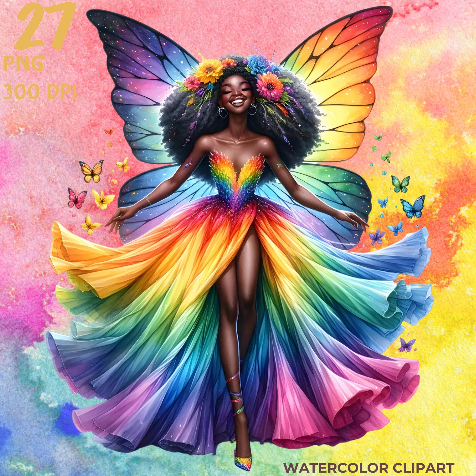 Mystical Black Fairy Watercolor Digital Art, Black Fairy Girl Clipart ...