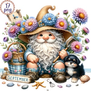 Gnome Flower Birthday Month Watercolor Clipart Set,  Summer Floral Gnome PNG, Birthday Gnomes, Monthly Flower Clipart, Commercial use
