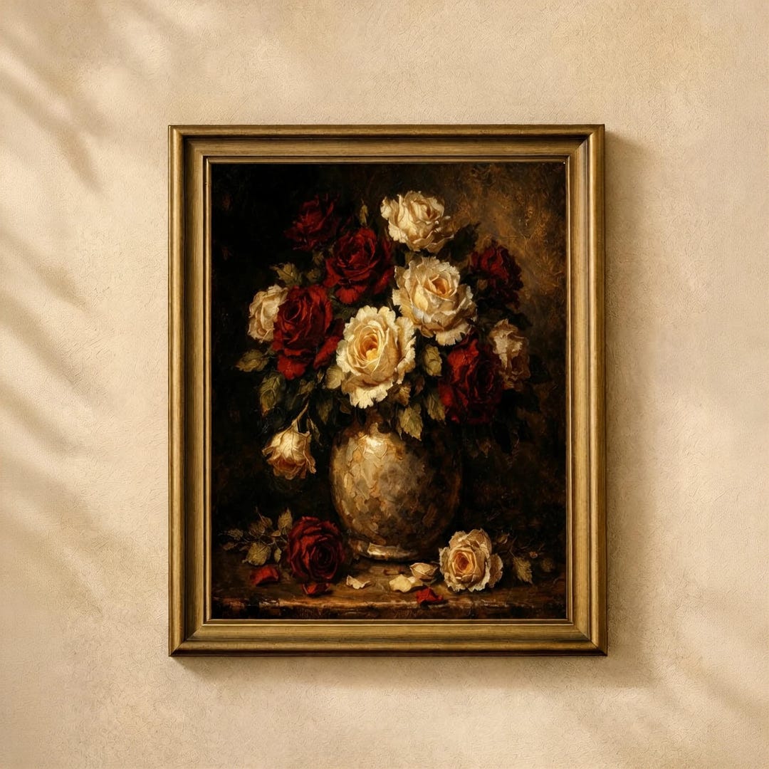 Dark Floral Oil Painting Print, Moody Roses Still Life, Antique Vase ...