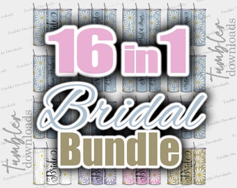 May include: A digital download of 16 bridal-themed tumbler designs featuring a daisy pattern. The designs include phrases like "Bride", "Maid of Honor", and "Team Bride".