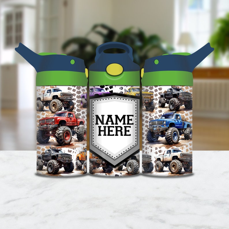 May include: Three green, blue, and yellow water bottles with a monster truck design. The center bottle has a gray shield with the text "NAME HERE".