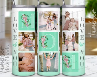 May include: A white tumbler with a green background and floral designs. The tumbler has a collage of photos of mothers and children. The text "LOVE YOU MOM" is printed on the tumbler.