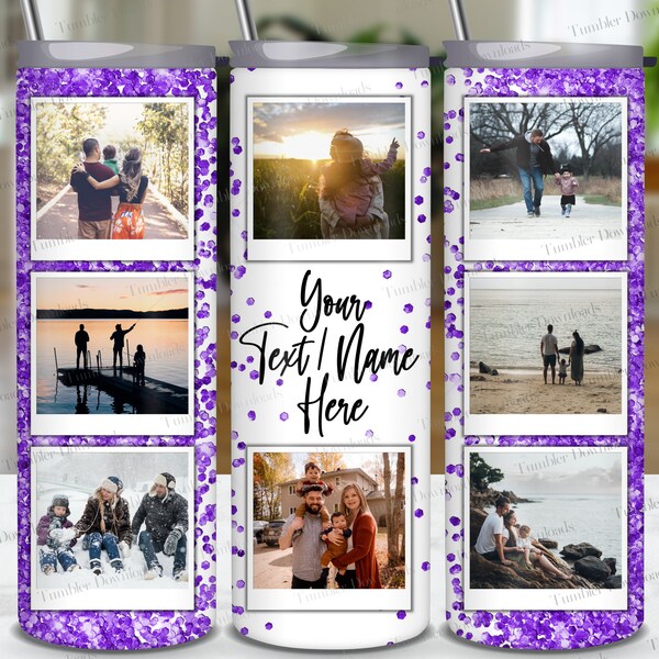 Purple Glitter Photo Frame Tumbler Wrap PNG, 20 oz Skinny Tumbler Sublimation Design, Add Your Name/Text, 8 Photo Collage Family Tumbler PNG