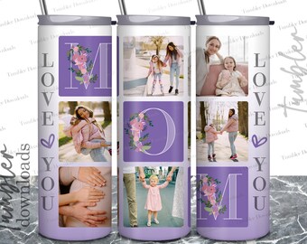 May include: A purple tumbler with a floral design and the words "LOVE YOU" on the left side and "MOM" on the right side. The tumbler has four different photos of a mother and her children.