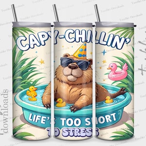 Cute Animal Design Capybara Tumbler Wrap PNG, Sublimation 20oz Skinny Capy-Chillin' Digital Download Png for Crafting