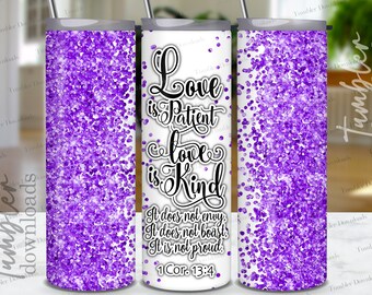 Bicchiere con versetto della Bibbia cristiana: design glitter viola (download digitale PNG)