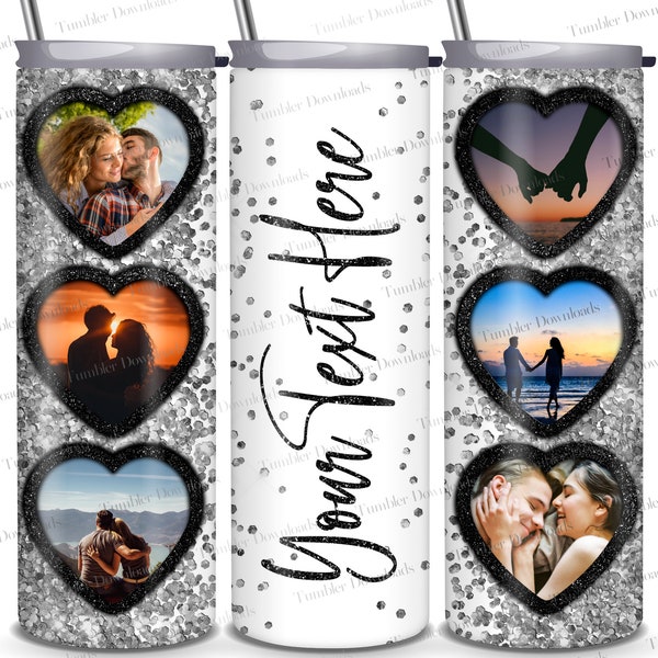 Silver Glitter Black Heart Photo Frame Tumbler Wrap PNG Glitter Valentines Couple 20 oz Skinny Sublimation Design Valentine Love Template