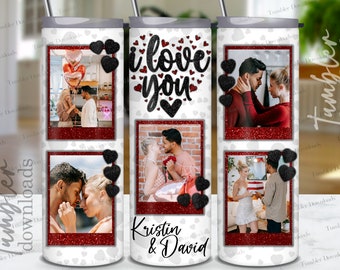 Valentine's Day Photo Tumbler: Red Glitter Hearts, Couple Gift (PNG)