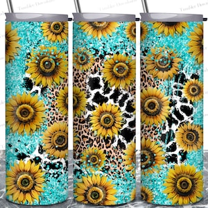 Western Sunflowers Tumbler Wrap PNG, 20 oz Skinny Tumbler Design, Cowhide Design Tumbler with Sunflowers, Birthday Gift Tumbler Downloads