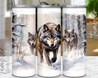 May include: Three wolves walking through a snowy forest. The wolf in the center is brown and gray with a red stripe on its back. The wolves on the sides are gray. The background is a snowy forest with tall trees.