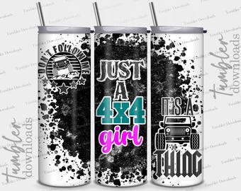 May include: Three white tumblers with black and white splatter paint design. The tumblers have different text on them: "Don't Follow Me", "Just a 4x4 Girl", and "It's a Thing".