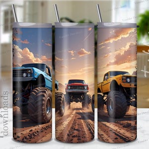 Monster Trucks Tumbler Wrap: Kids Racing 20 Oz Skinny Sublimation Design (PNG Digital Download)