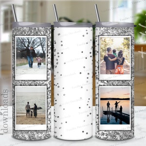 Puede incluir: Un vaso blanco con un acabado de purpurina plateada y tres tiras de fotos con fotos familiares. Las fotos están en un marco estilo Polaroid. El vaso tiene una pajita.