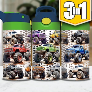 May include: Three 3-in-1 stainless steel water bottles with a green lid and a variety of monster truck designs. The designs include a white truck, a purple truck, a yellow truck, a red truck, a green truck, a blue truck, an orange truck, and a black truck.