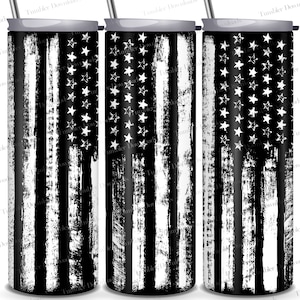 May include: Three stainless steel tumblers with a distressed black and white American flag design.