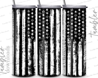 Vaso con bandera estadounidense desgastada: diseño delgado en blanco y negro de 20 oz (descarga PNG)