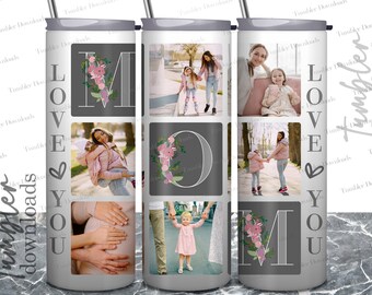 May include: A white tumbler with a gray background and photos of a family. The tumbler has the words "LOVE YOU MOM" written on it with floral designs.