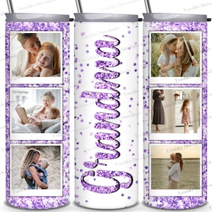 May include: A personalized tumbler featuring family photos and the word "Grandma" in purple glitter. The tumbler has a white background with purple glitter accents and a silver straw. The design includes multiple family photos.