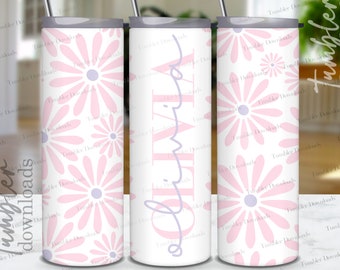 May include: Three stainless steel tumblers with a white background and a pink floral pattern. The middle tumbler has the word "olivia" written in a light purple cursive font.