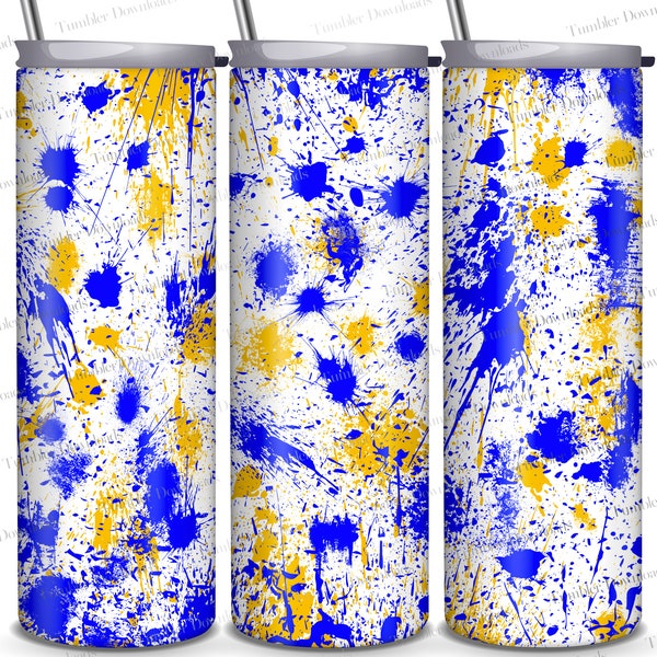 Gold Yellow Blue White Power Wash Tumbler 20 oz Skinny Tumbler Sublimation Design Template Add School Logo Straight Splash Splatter Wrap