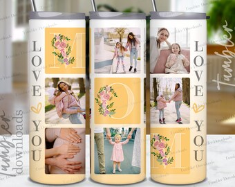 May include: A yellow tumbler with a floral design and the words "LOVE YOU MOM" printed on it. The tumbler has six different photos of a mother and her children.