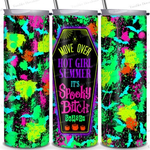 Neon Halloween Spooky Season Tumbler Wrap PNG, 20oz Skinny Tumbler Sublimation Funny Design Digital Download Seamless Bright Girl Summer